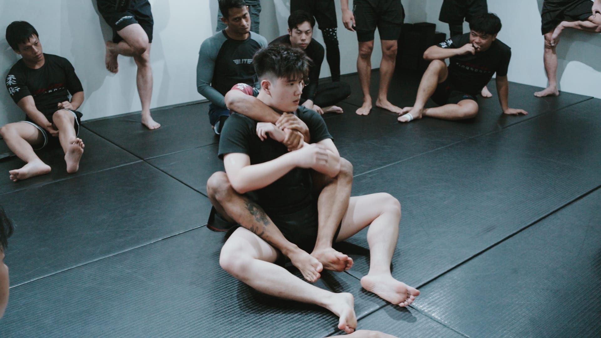 A beginner Brazilian Jiu-Jitsu class drilling at the academy
